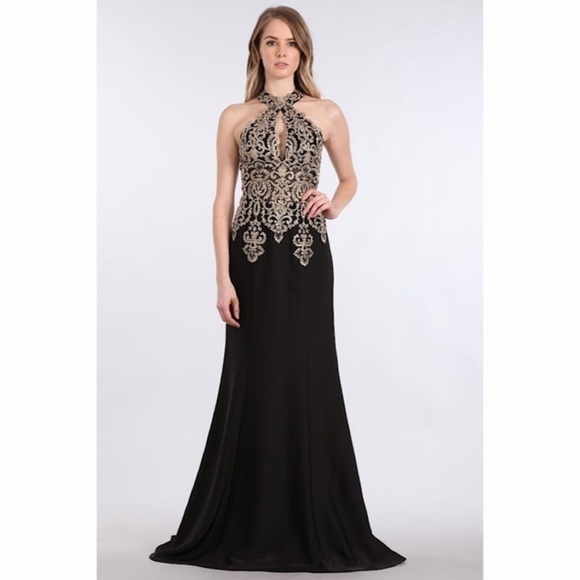 1578 Black w Gold Lace Dress - Picture 1 of 4